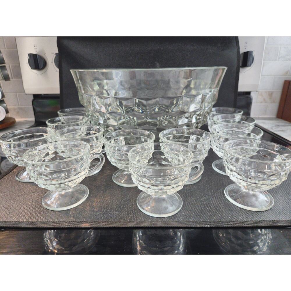 Indiana Glass Whitehall Clear Punch Bowl Set w/ 12 Cups Cube Pattern Vtg Cubist